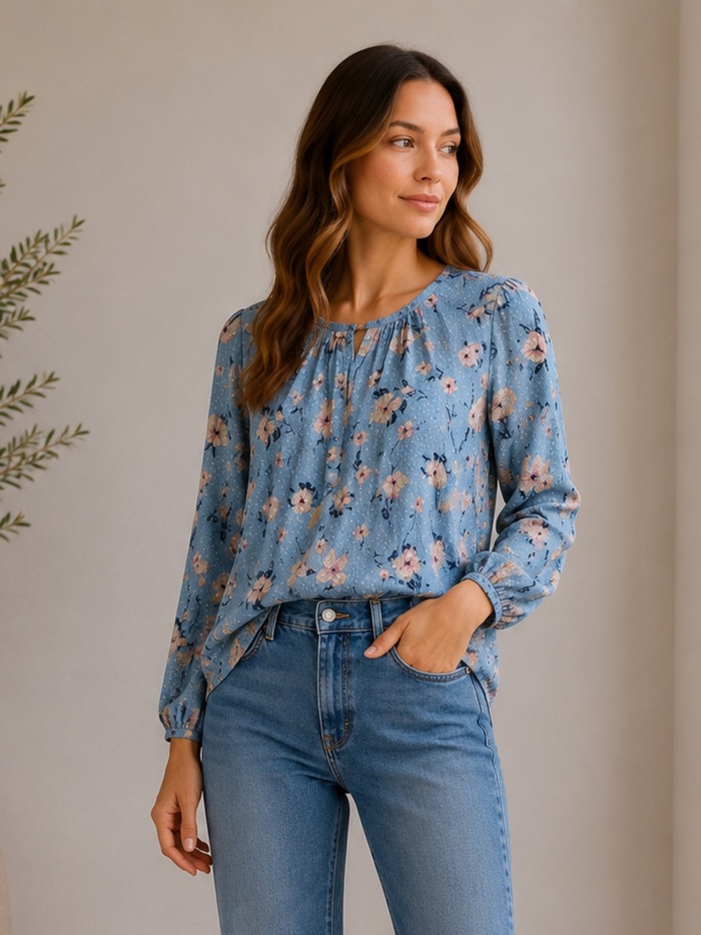 Rebecca Taylor Silk Blend Daniella‎ Blouse in Dusty Blue Cream Floral Top size 2